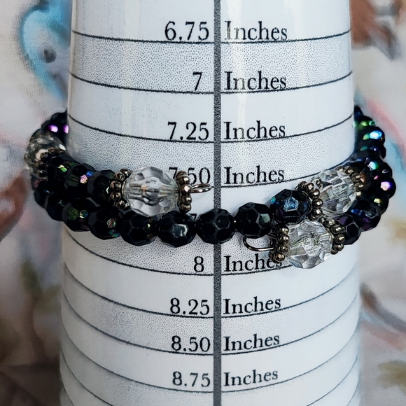 2 Black Oil Slick Beaded Glass Hematite Pair of Memory Wire Bracelets Moonglow - Picture 4 of 15